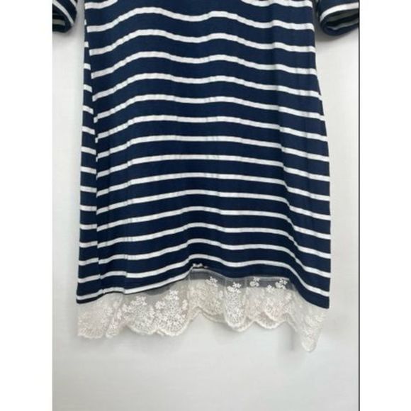 Loila Navy Blue White Striped Roll Tab Sleeve Crew Neck Lace Hem Dress M - Picture 4 of 12